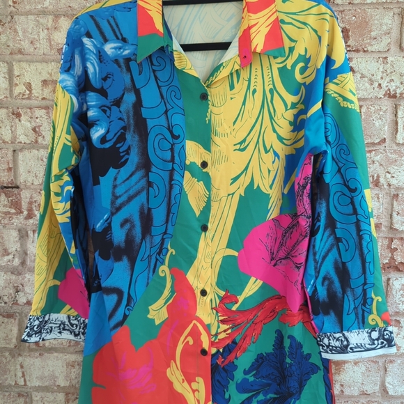 Colorful Print Button Up Collar Long Shirt Dress Blouse Mini Dress size M - Picture 2 of 10
